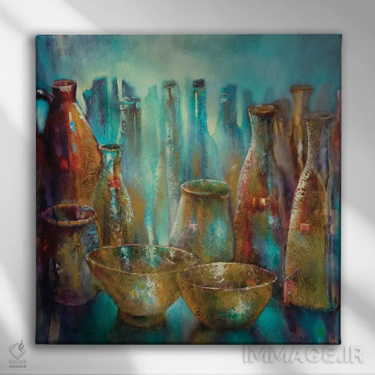 تابلو طبیعت بیجان با دو کاسه طلایی اثر آنت شموکر - نمای روبهرو روی دیوار