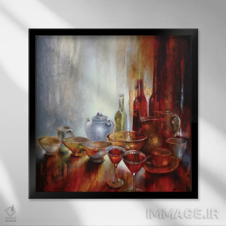 تابلو طبیعت بیجان با قوری خاکستری اثر آنت شموکر - نمای قابدار مشکی