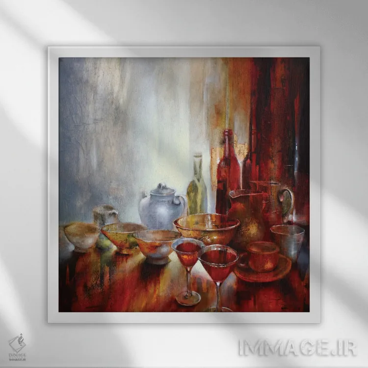 تابلو طبیعت بیجان با قوری خاکستری اثر آنت شموکر - نمای قابدار سفید
