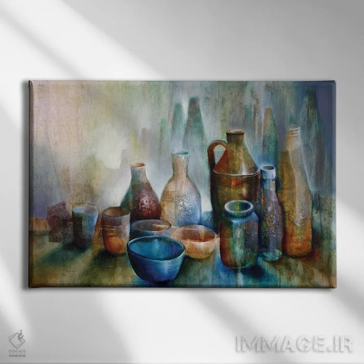 تابلو طبیعت بیجان با کاسه آبی اثر آنت شموکر - نمای روبهرو روی دیوار