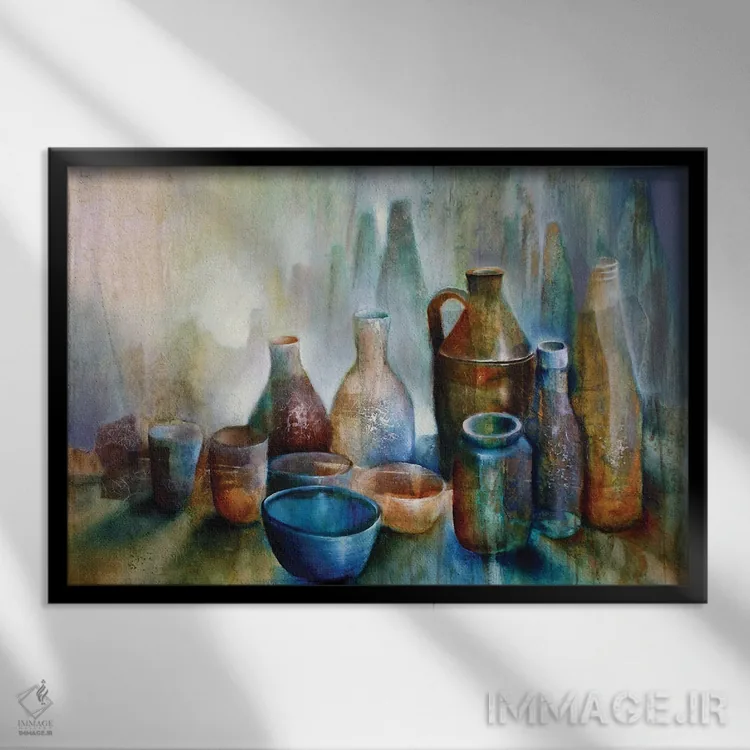 تابلو طبیعت بیجان با کاسه آبی اثر آنت شموکر - نمای قابدار مشکی