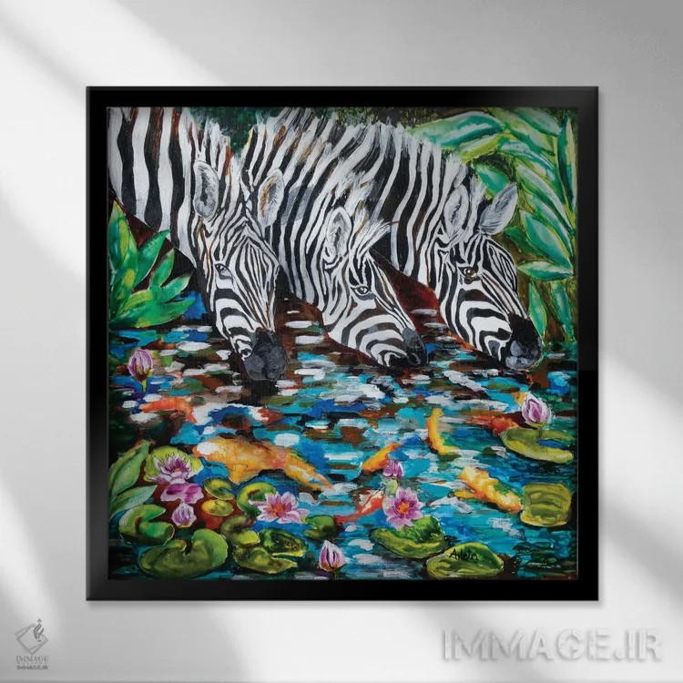 تابلو گورخر کنار حوضچه اثر آرلت اسمولکو - نمای قابدار مشکی