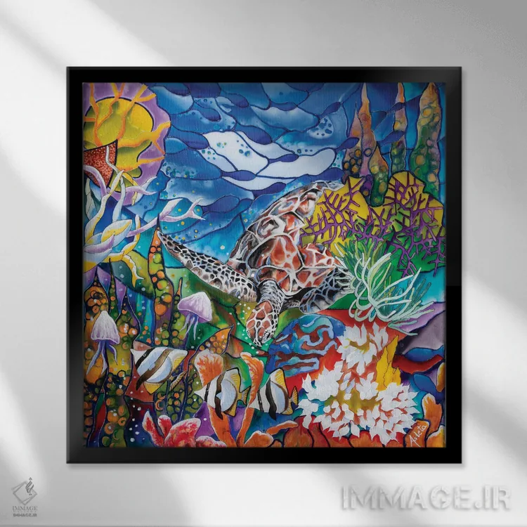 تابلو لاکپشت کنار مرجان اثر آرلت اسمولکو - نمای قابدار مشکی