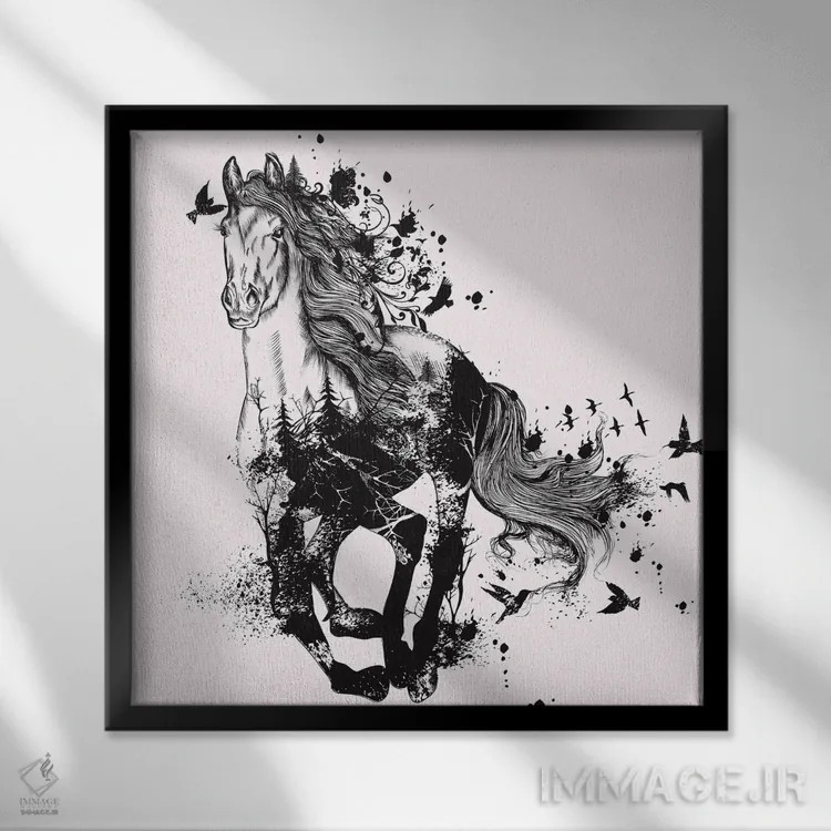 تابلو هنر انتزاعی اسب اثر آرسی بسی - نمای قابدار مشکی