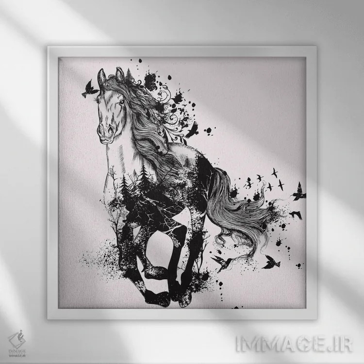 تابلو هنر انتزاعی اسب اثر آرسی بسی - نمای قابدار سفید