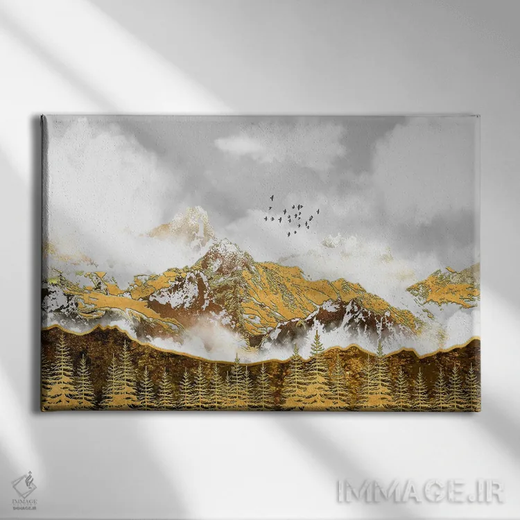 تابلو جنگل و کوههای طلایی اثر آرسی بسی - نمای روبهرو روی دیوار