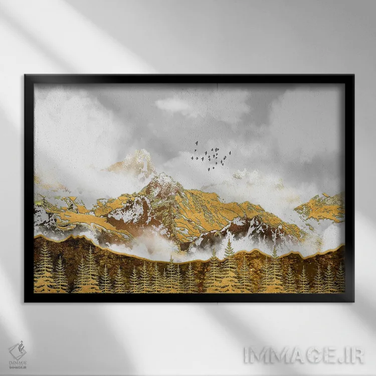 تابلو جنگل و کوههای طلایی اثر آرسی بسی - نمای قابدار مشکی