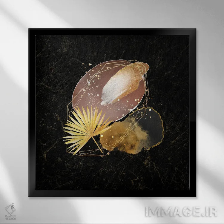 تابلو آبستره هندسی طلایی و صورتی جذاب V اثر آرسی بسی - نمای قابدار مشکی