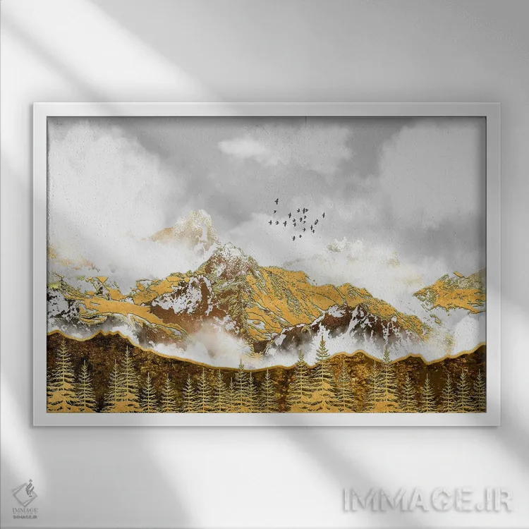 تابلو جنگل و کوههای طلایی اثر آرسی بسی - نمای قابدار سفید