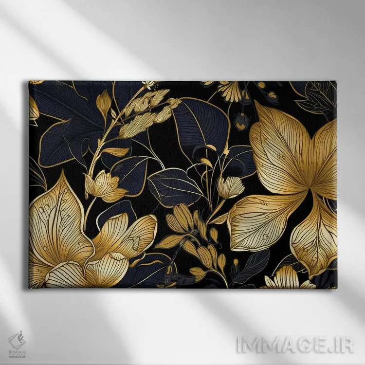 تابلو برگآرایی مشکی و طلایی اثر آرسی بسی - نمای روبهرو روی دیوار