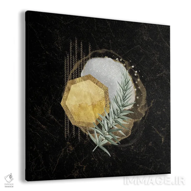 تابلو آبسترهٔ هندسی سفید و طلایی براق با تزیین برگ اثر آرسی بسی - نمای پرسپکتیو محصول