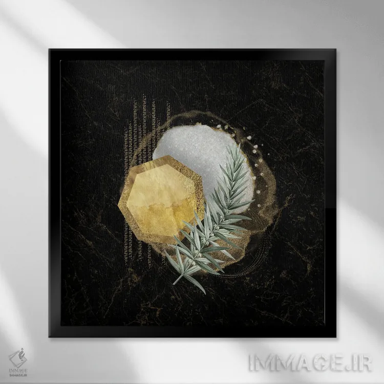 تابلو آبسترهٔ هندسی سفید و طلایی براق با تزیین برگ اثر آرسی بسی - نمای قابدار مشکی