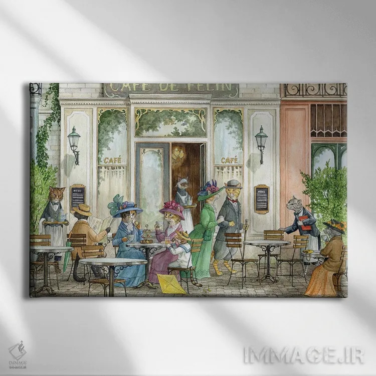 تابلو در کافهٔ گربهها اثر آسترید شکلز - نمای روبهرو روی دیوار