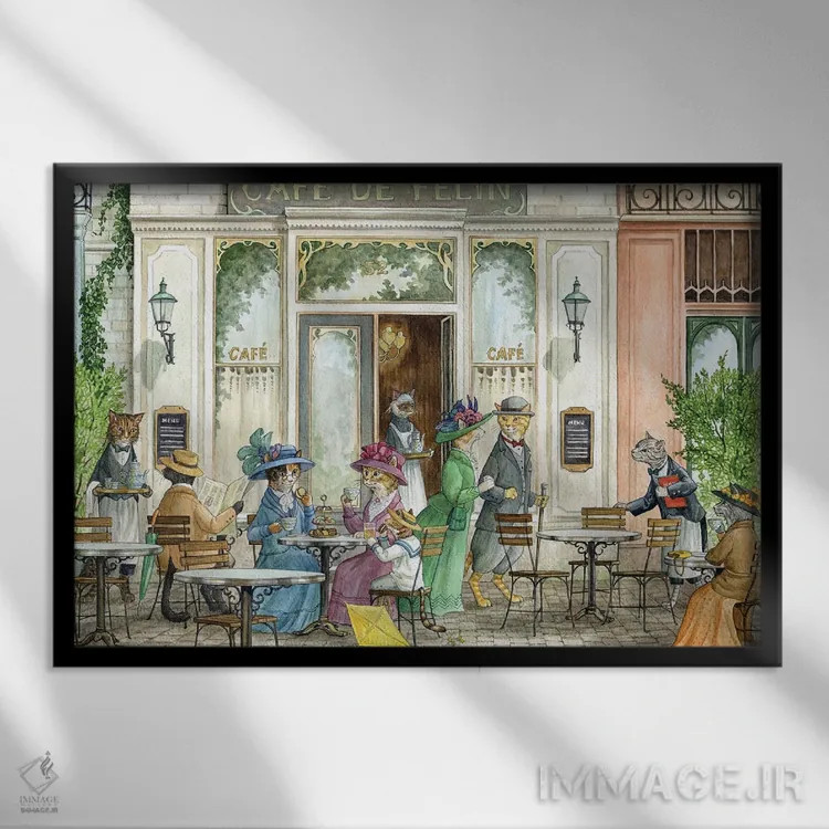 تابلو در کافهٔ گربهها اثر آسترید شکلز - نمای قابدار مشکی