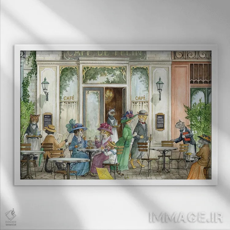 تابلو در کافهٔ گربهها اثر آسترید شکلز - نمای قابدار سفید