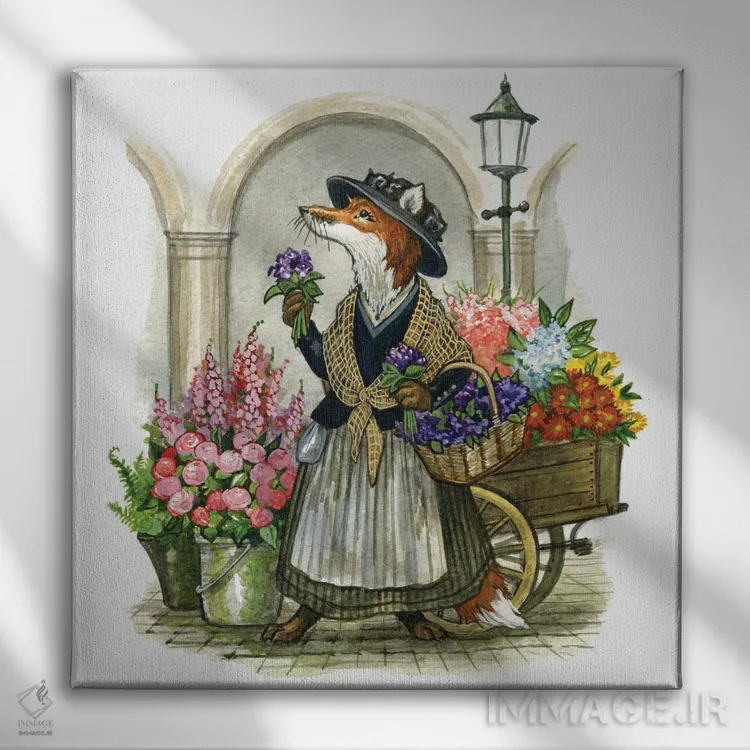 تابلو فروشندهٔ گل اثر آسترید شکلز - نمای روبهرو روی دیوار