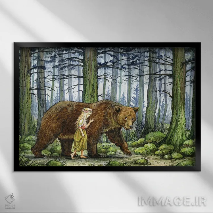 تابلو دختر و خرس اثر آسترید شکلز - نمای قابدار مشکی