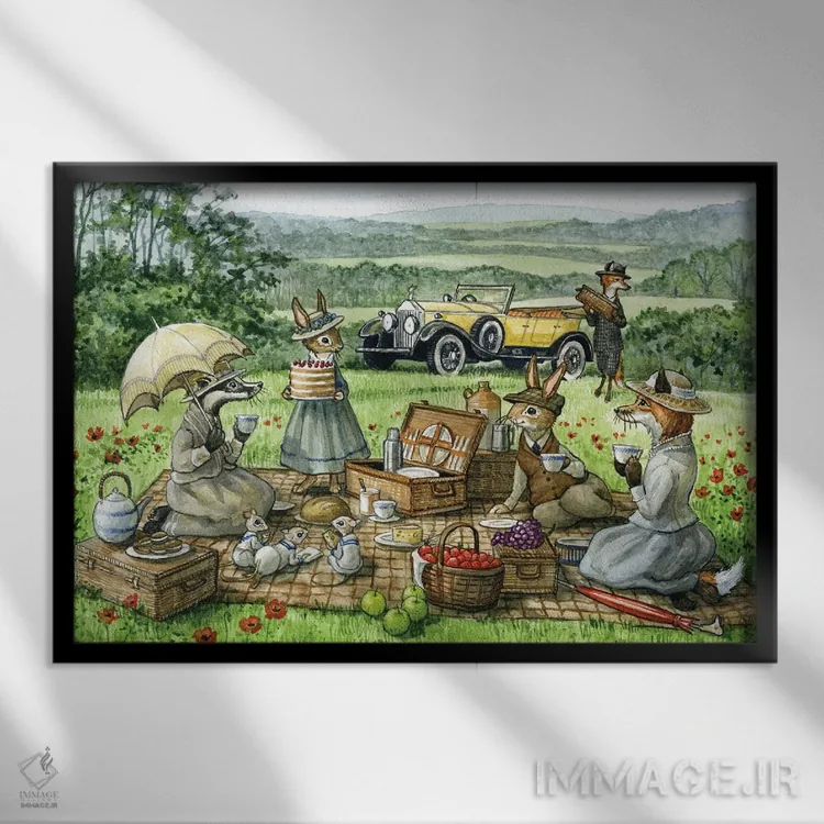 تابلو پیکنیک میان شقایقها اثر آسترید شکلز - نمای قابدار مشکی