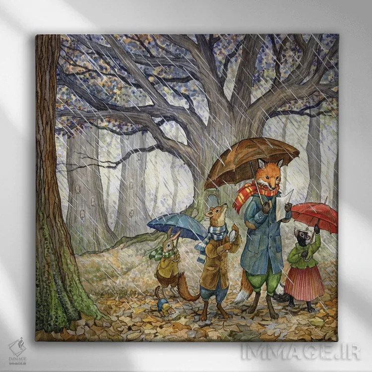 تابلو روز بارانی با هکتور فاکس و دوستان اثر آسترید شکلز - نمای روبهرو روی دیوار