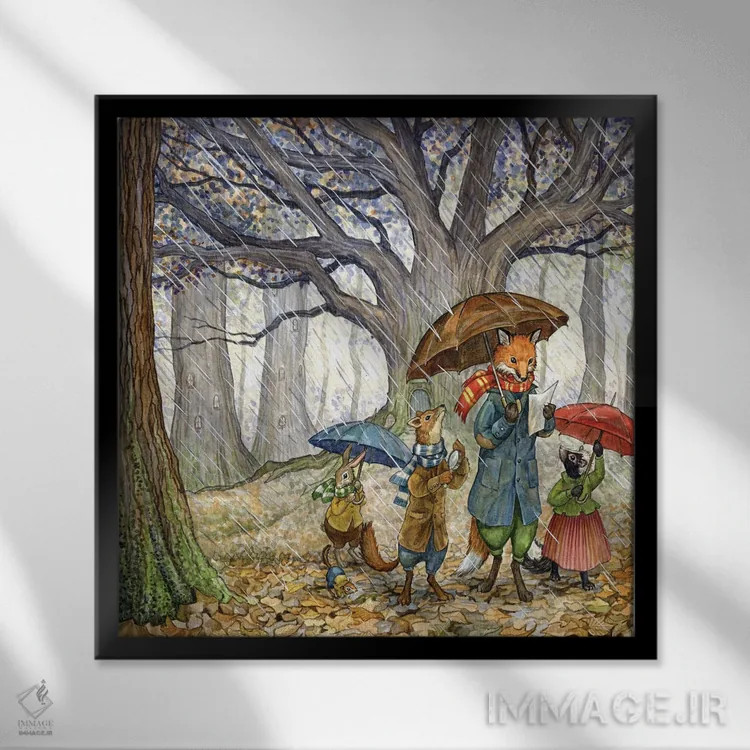 تابلو روز بارانی با هکتور فاکس و دوستان اثر آسترید شکلز - نمای قابدار مشکی