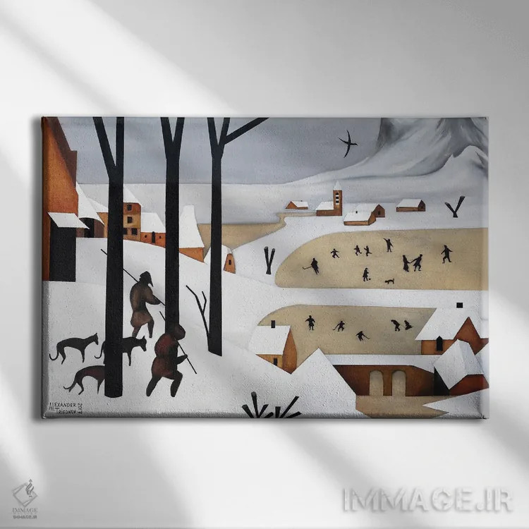 تابلو شکارچیان در برف اثر الکساندر تریفونوف - نمای روبهرو روی دیوار