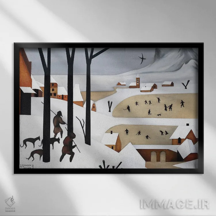 تابلو شکارچیان در برف اثر الکساندر تریفونوف - نمای قابدار مشکی