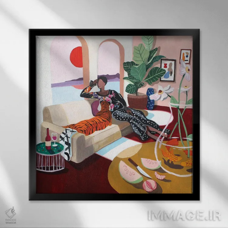 تابلو ملکه ببرها اثر آرتی گوآوا - نمای قابدار مشکی