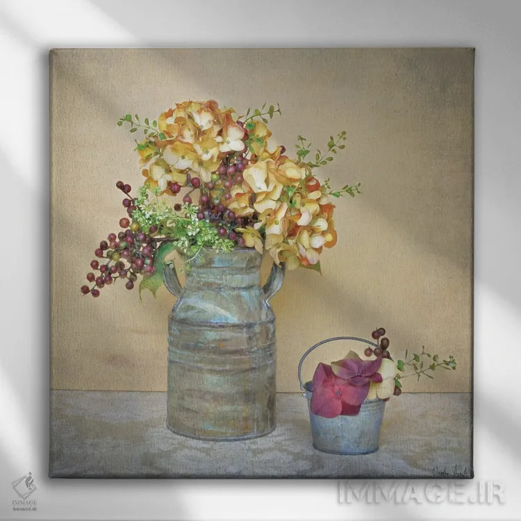 تابلو هورتانسیا کاراملی (نوعی گل) اثر کریستین آتریا - نمای روبهرو روی دیوار