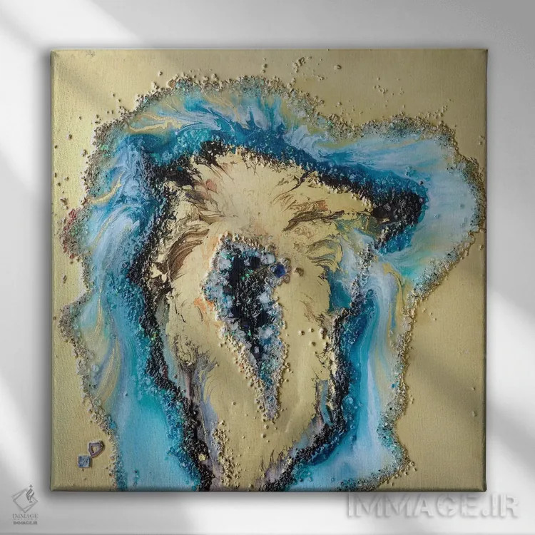 تابلو ژئود طلایی و آبی مایل به سبز اثر آنتوانل - نمای روبهرو روی دیوار