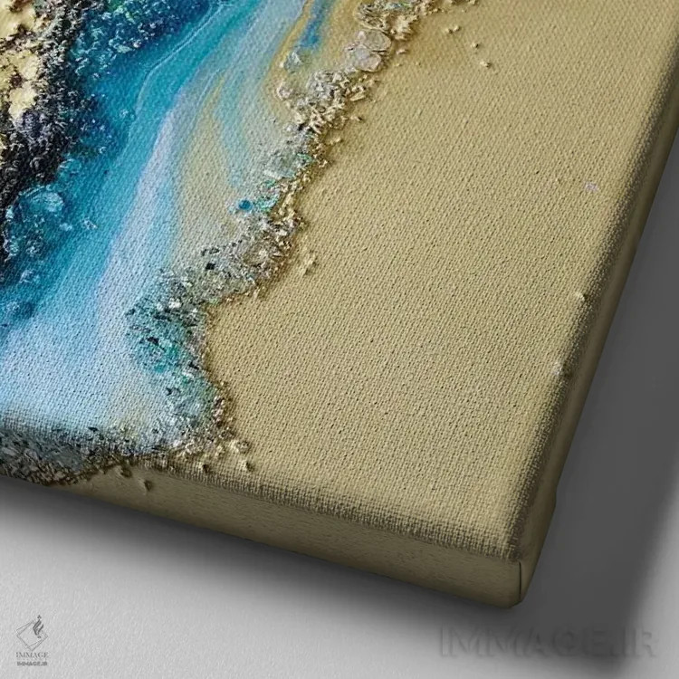 تابلو ژئود طلایی و آبی مایل به سبز اثر آنتوانل - نمای نزدیک بافت بوم