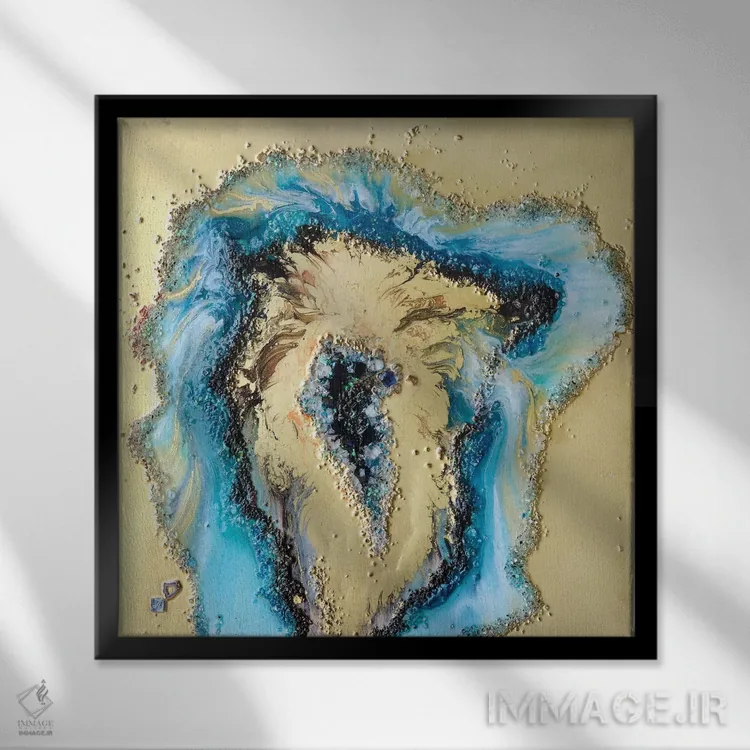 تابلو ژئود طلایی و آبی مایل به سبز اثر آنتوانل - نمای قابدار مشکی