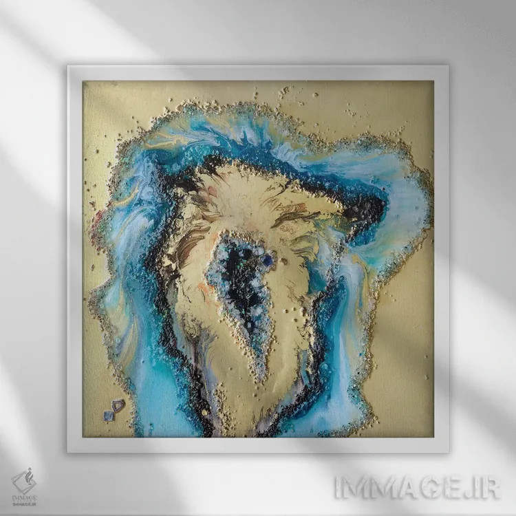 تابلو ژئود طلایی و آبی مایل به سبز اثر آنتوانل - نمای قابدار سفید