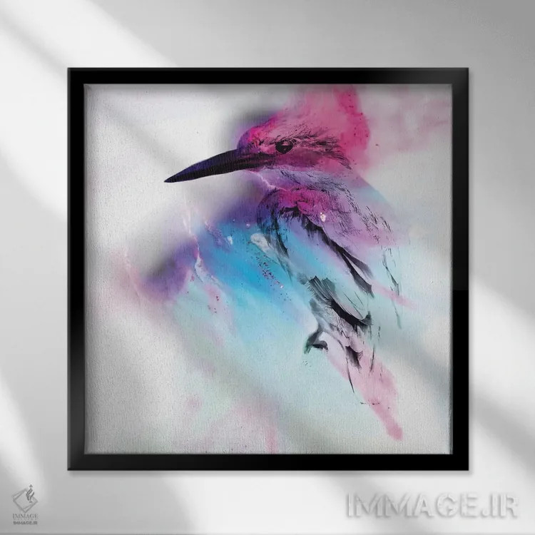 تابلو پرندهٔ صورتی و آبی اثر آنتوانل - نمای قابدار مشکی