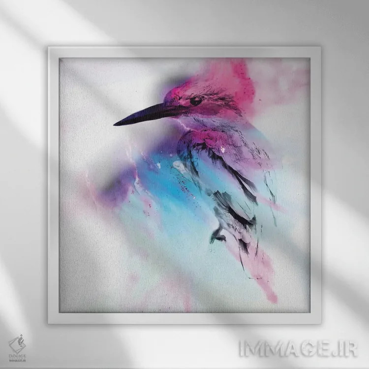 تابلو پرندهٔ صورتی و آبی اثر آنتوانل - نمای قابدار سفید