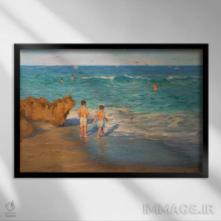 تابلو پسران ساحلی اثر آرونا رائو - نمای قابدار مشکی