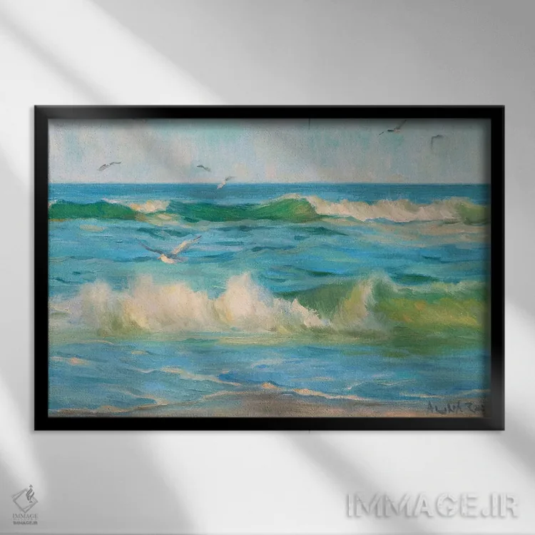 تابلو امواج و مرغان دریایی اثر آرونا رائو - نمای قابدار مشکی