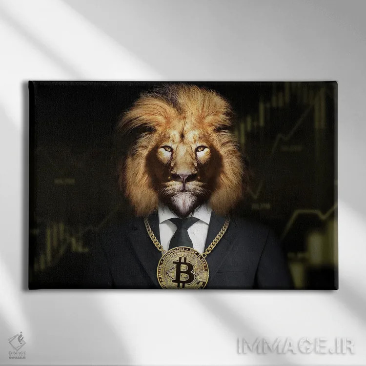 تابلو شیر با بیتکوین طلایی دور گردن اثر آدریان ویریو - نمای روبهرو روی دیوار