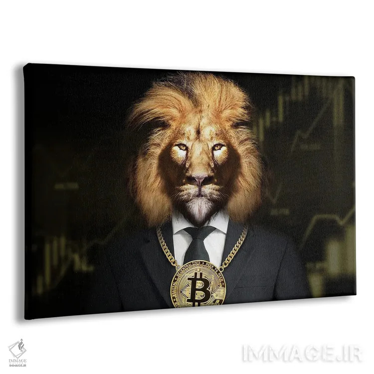تابلو شیر با بیتکوین طلایی دور گردن اثر آدریان ویریو - نمای پرسپکتیو محصول