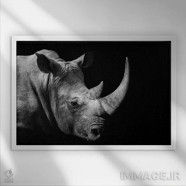 تابلو کرگدن آفریقایی (سیاه و سفید) اثر آدریان ویریو - نمای قابدار سفید