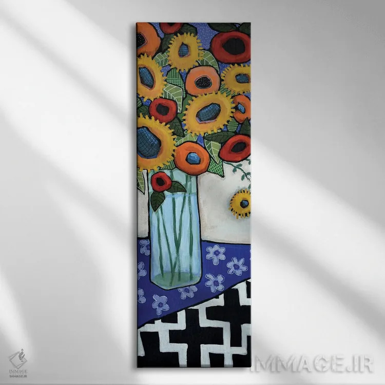 تابلو آفتابگردانهای انتزاعی در گلدان اثر دیویدای هینْدز - نمای روبهرو روی دیوار
