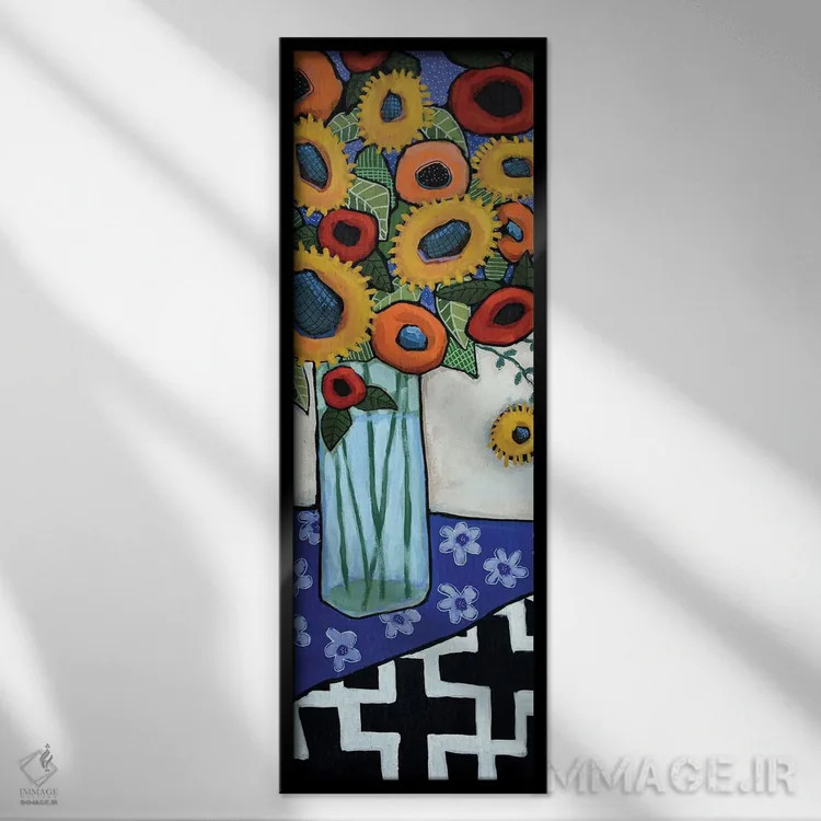 تابلو آفتابگردانهای انتزاعی در گلدان اثر دیویدای هینْدز - نمای قابدار مشکی