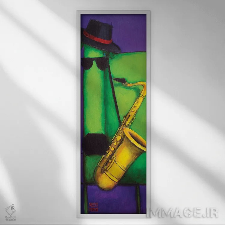 تابلو سگ ساکسیفونزن اثر دنیل پاتریک کسلر - نمای قابدار سفید