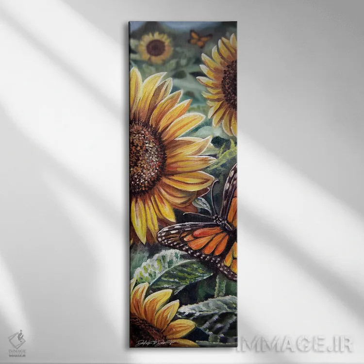 تابلو آفتابگردانها و پروانهها یک اثر دکوتا دیتویلر - نمای روبهرو روی دیوار