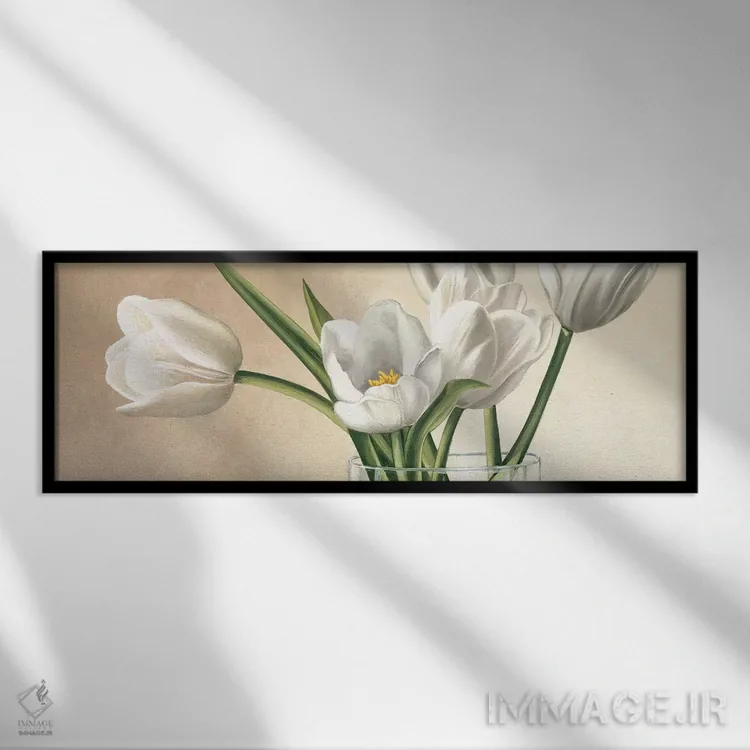 تابلو گلدان با لالههای سفید اثر اوا باربرینی - نمای قابدار مشکی