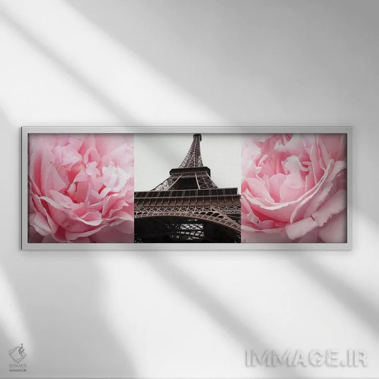 تابلو برج ایفل با رزهای صورتی اثر امیلی ناواس - نمای قابدار سفید