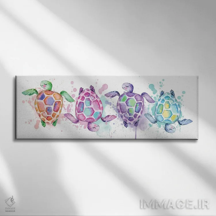 تابلو لاکپشتهای آبرنگی دریایی اثر افرازی گرافیکز (استودیو طراحی) - نمای روبهرو روی دیوار