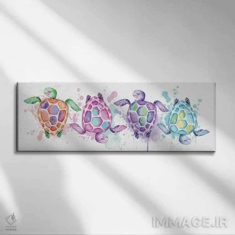 تابلو لاکپشتهای آبرنگی دریایی اثر افرازی گرافیکز (استودیو طراحی) - نمای روبهرو روی دیوار