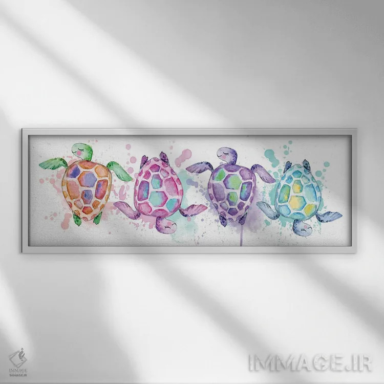 تابلو لاکپشتهای آبرنگی دریایی اثر افرازی گرافیکز (استودیو طراحی) - نمای قابدار سفید