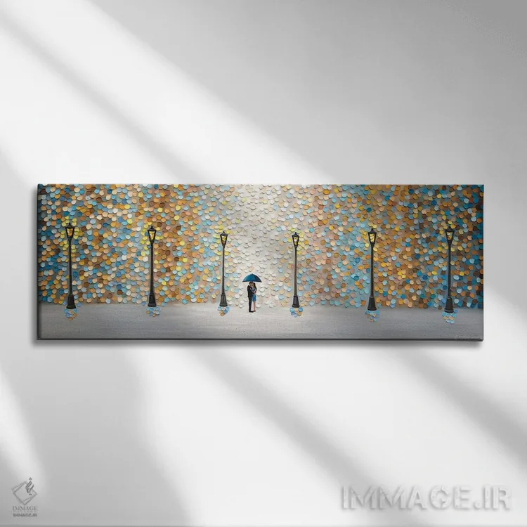 تابلو بوسه زیر باران طلایی اثر اکاترینا ارمیلکینا - نمای روبهرو روی دیوار