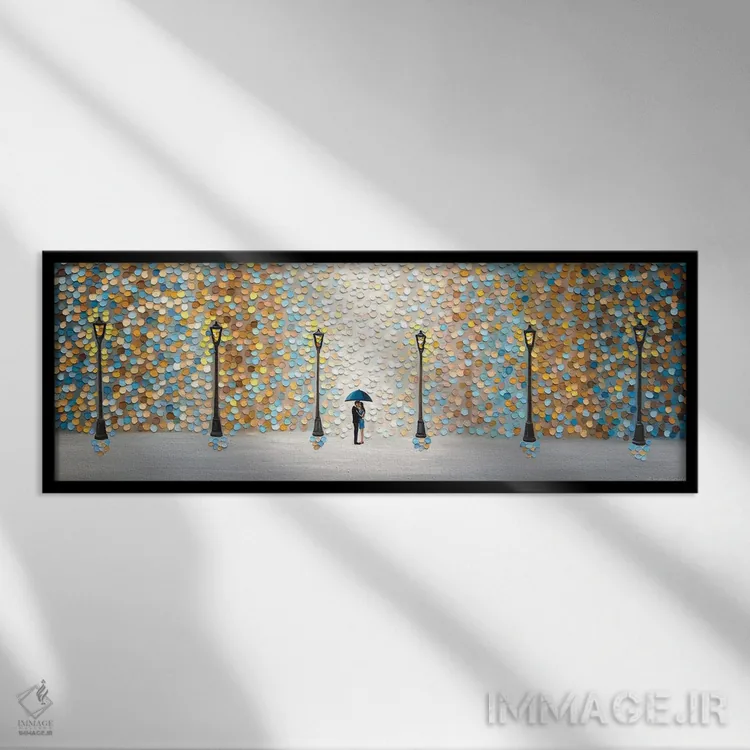 تابلو بوسه زیر باران طلایی اثر اکاترینا ارمیلکینا - نمای قابدار مشکی